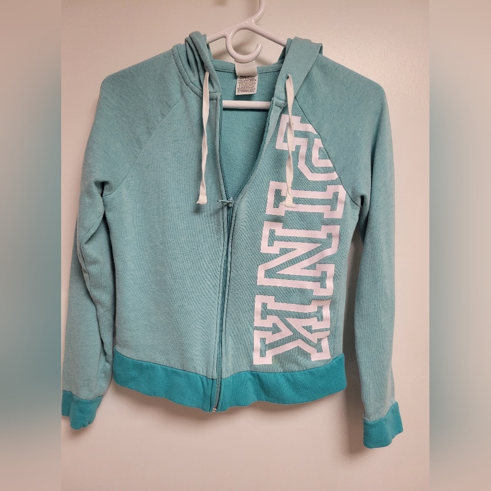 Victoria Secret PINK Women’s  Teal Spell Out Logo Full Zip Hoodie XS